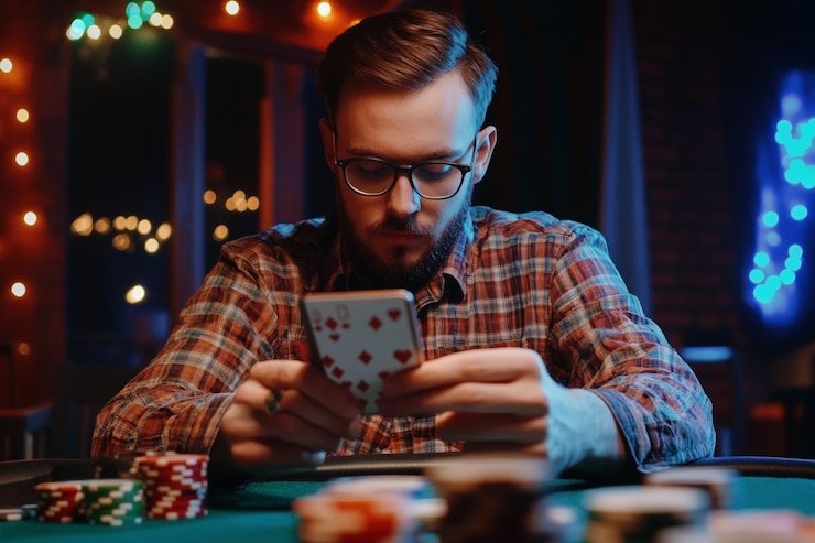 Antarmuka meja poker kangaskhan dengan kartu dealer dan aksi pemain